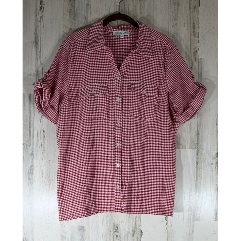 Liberty Lane Button Down Shirt 1X Red Gingham Check Roll Tab Seersucker Retro